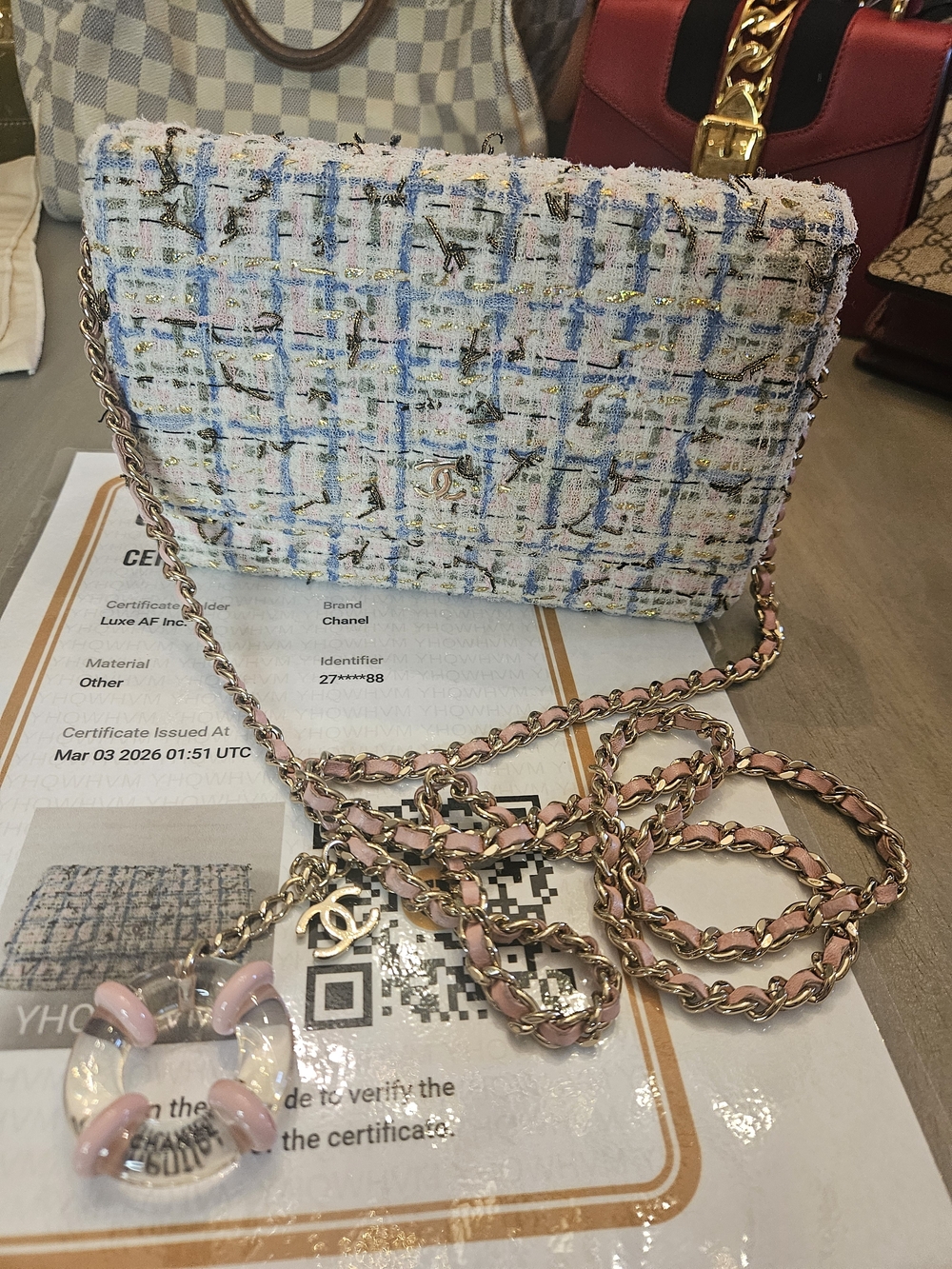 CHANEL Pastel Tweed Crossbody WOC in Pink, Blue & White Chain & Authenticity